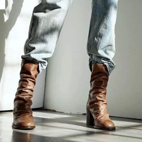 FREE PEOPLE Elle Block Heel Slouch Boots Size 39.5 9.5 Taupe Brown Leather NEW - Picture 2 of 14